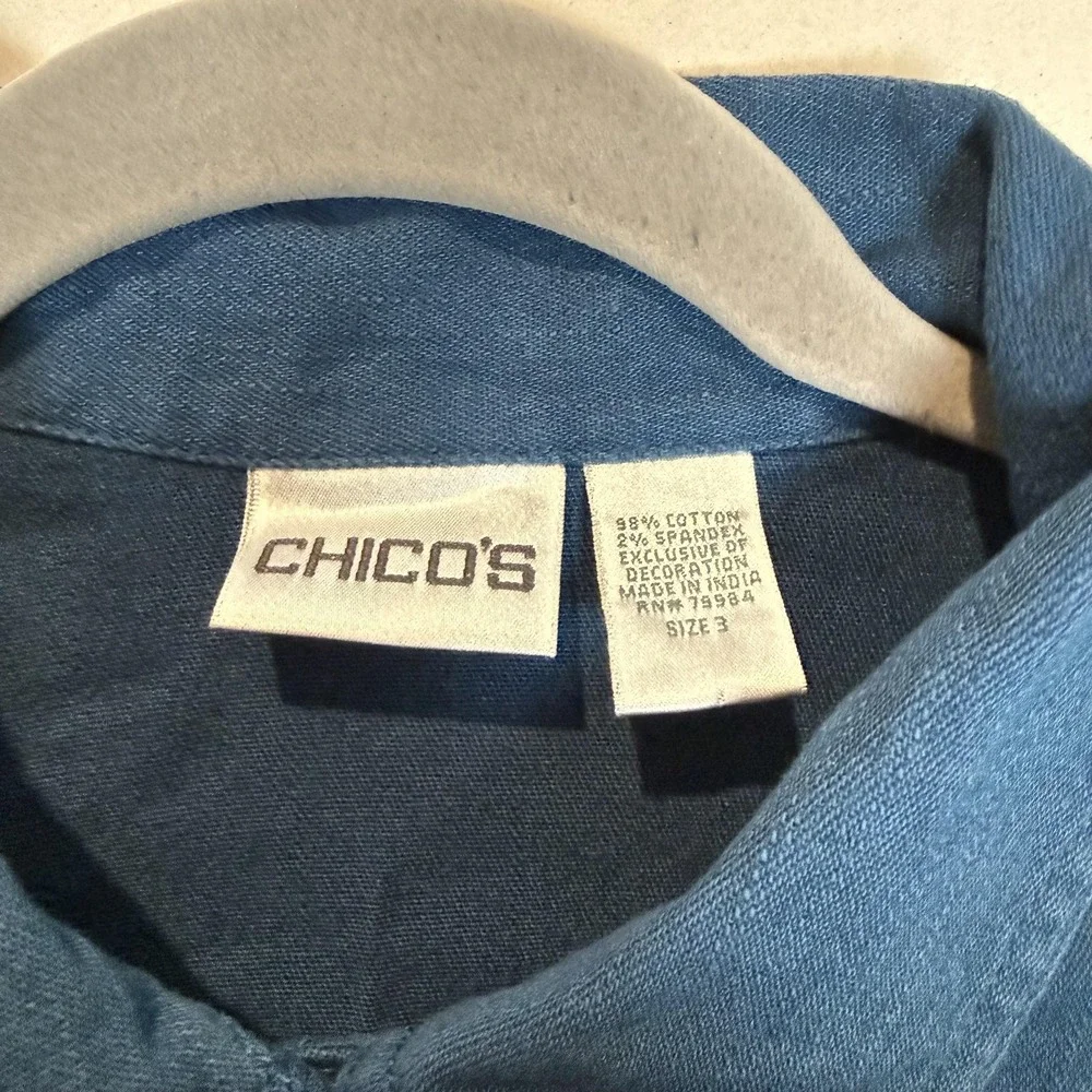Chico's‎ Jacket Womens 3 Blue Denim Button Front Embroidered Back Boho Casual